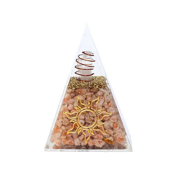 Pyramide orgonite en pierre du soleil et symbole solaire -- 6x6x8,5cm