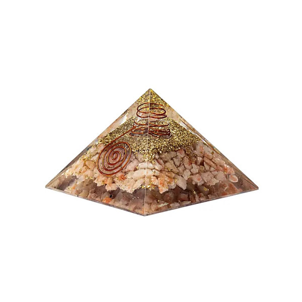 Pyramide d'orgonite pierre du soleil et symbole solaire -- 7,5x7,5x5cm