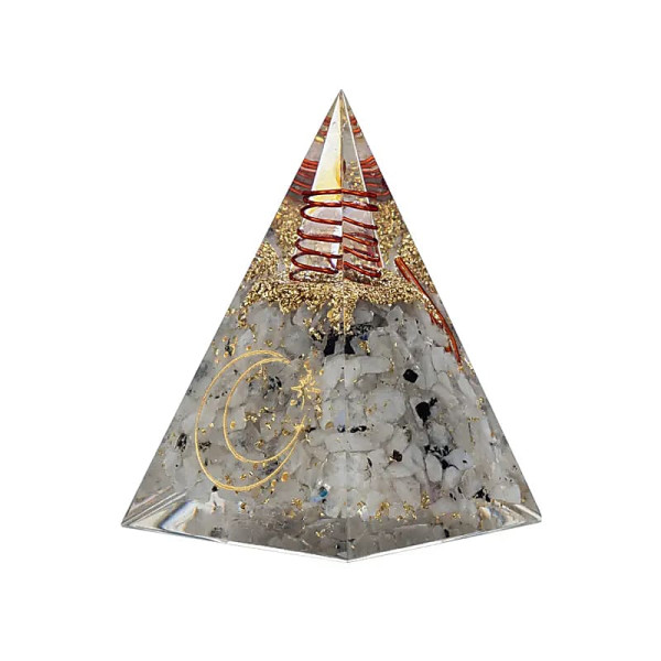 Pyramide orgonite en pierre de lune avec symbole de la lune -- 6x6x8,5cm
