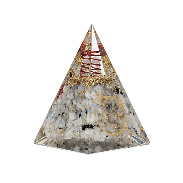 Pyramide orgonite en pierre de lune avec symbole de la lune -- 6x6x8,5cm