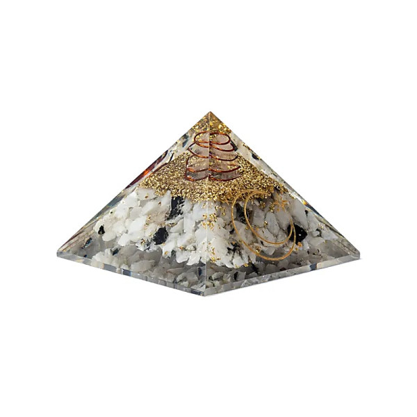 Pyramide d'orgonite en pierre de lune et symbole lunaire --7,5x7,5x5cm