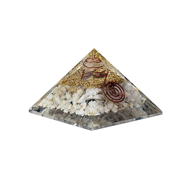 Pyramide d'orgonite en pierre de lune et symbole lunaire --7,5x7,5x5cm