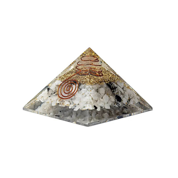 Pyramide d'orgonite en pierre de lune et symbole lunaire --7,5x7,5x5cm