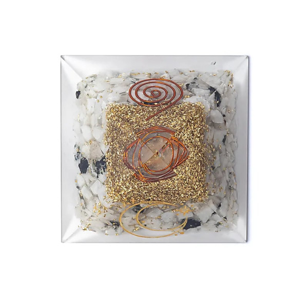 Pyramide d'orgonite en pierre de lune et symbole lunaire --7,5x7,5x5cm