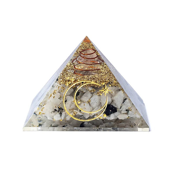 Pyramide d'orgonite en pierre de lune et symbole lunaire --7,5x7,5x5cm