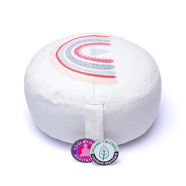 Coussin de méditation rond blanc arc-en-ciel coton bio (OCS) -- 33x17cm； ±2300g