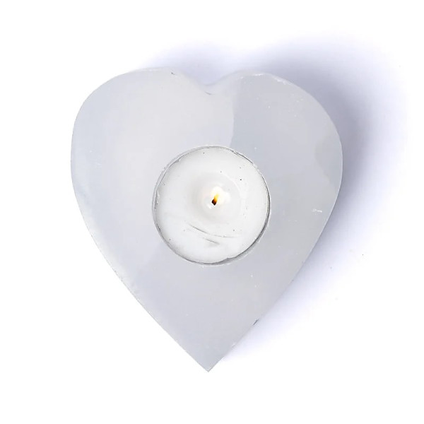 Photophore en forme de cœur en sélénite -- ±9x10x3cm
