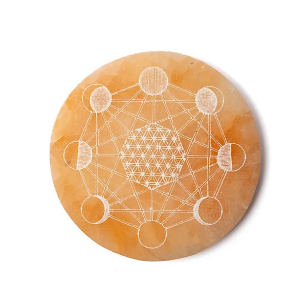 Assiette ronde gravée couleur pêche en sélénite -- ±12cm