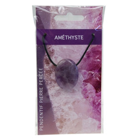 Collier Améthyste Pierre ovale percée Cordon noir