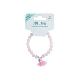 Bracelet Quartz Rose Perles rondes 8 mm Pompon et Lotus