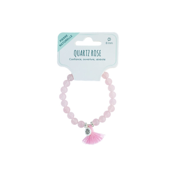 Bracelet Quartz Rose Perles rondes 8 mm Pompon et Lotus