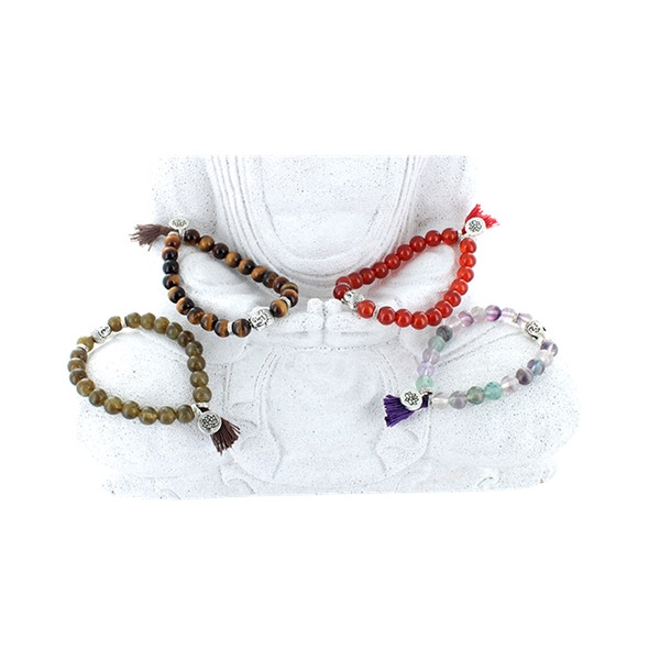 Bracelet Cornaline Perles rondes 8 mm Pompon et Lotus