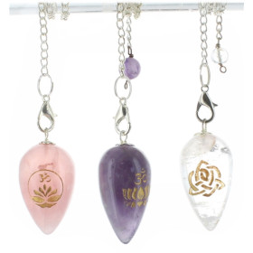 Coffret 3 pendules en pierre : Amethyste, Quartz Rose et Cristal de Roche