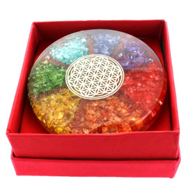 Sous verre Orgonite 7 Chakras avec symbole Fleur de Vie