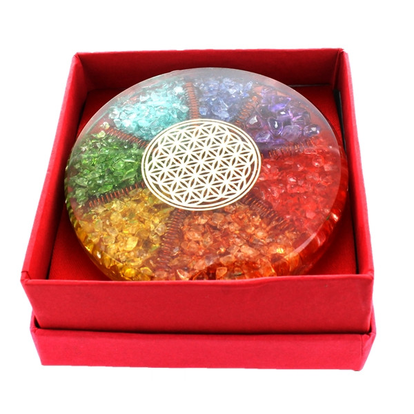 Sous verre Orgonite 7 Chakras avec symbole Fleur de Vie