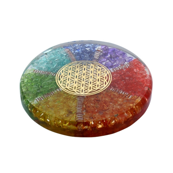 Sous verre Orgonite 7 Chakras avec symbole Fleur de Vie