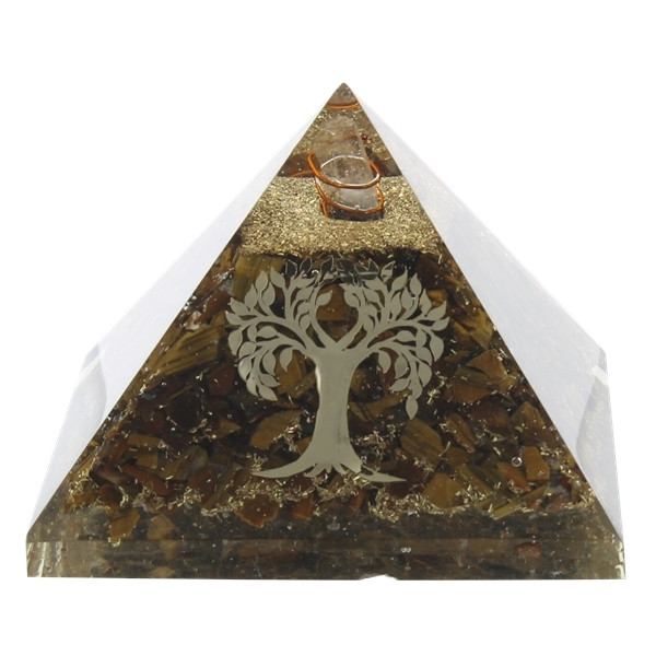 Pyramide Orgonite Oeil de Tigre avec Symbole Arbre de Vie