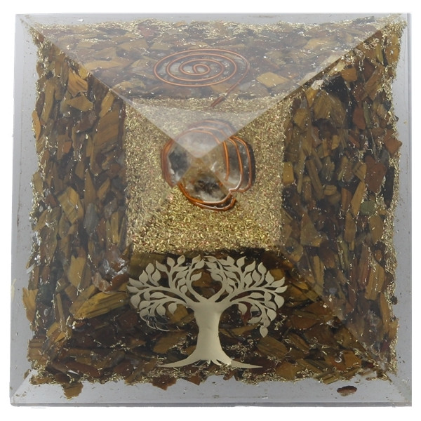 Pyramide Orgonite Oeil de Tigre avec Symbole Arbre de Vie