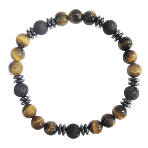 Bracelet H Oeil de tigre et Pierre de lave Perles rondes 8 mm