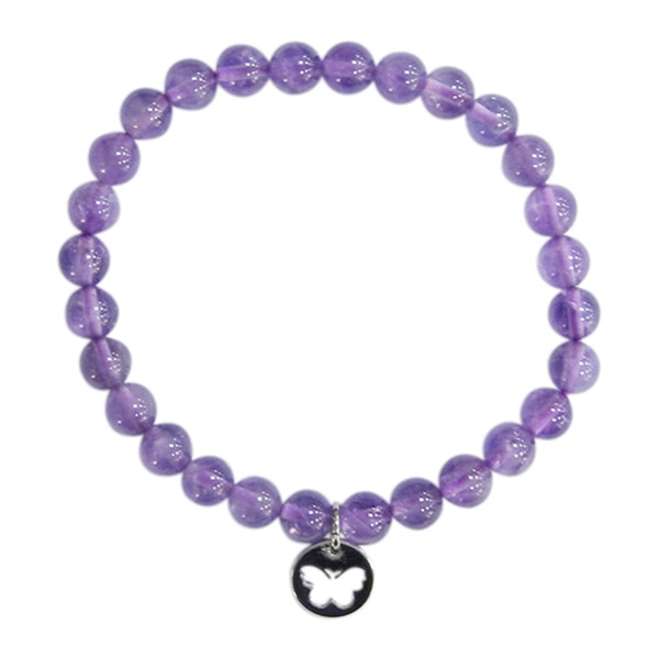 Bracelet Améthyste Perles rondes 6 mm Breloque papillon