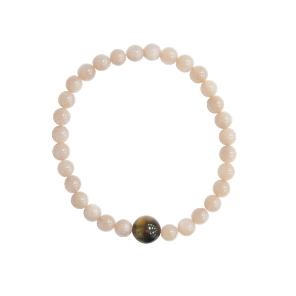 Bracelet Pierre de lune Perles rondes 6 mm et Perle unique Oeil de tigre 1 cm