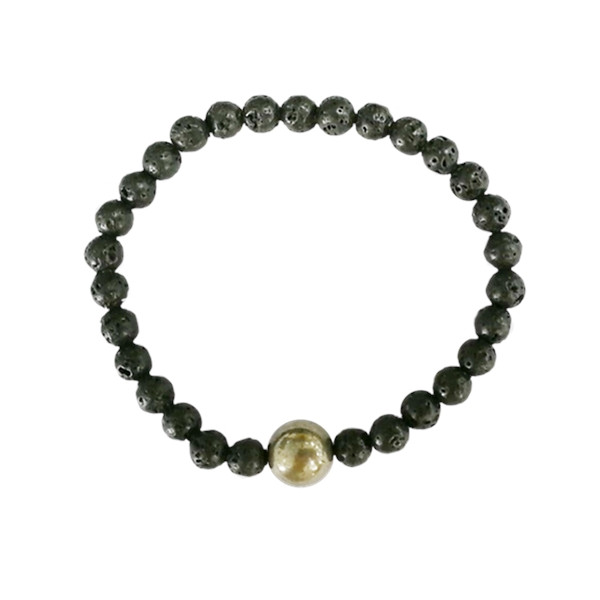 Bracelet Pierre de lave Perles rondes 6 mm et Perle unique Pyrite 1 cm