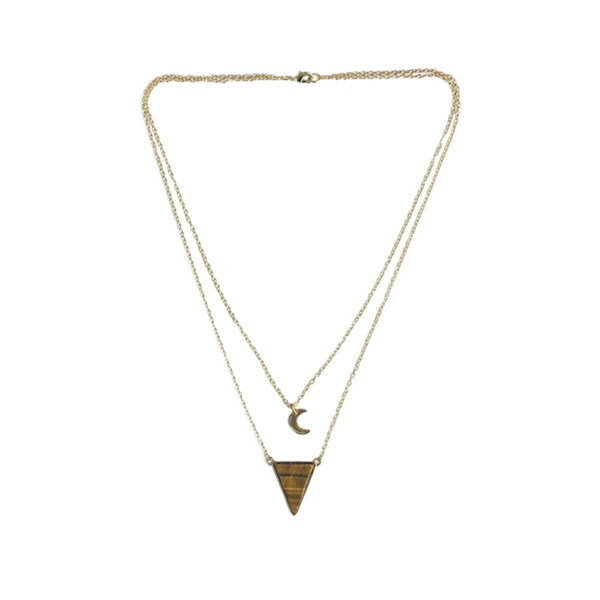Collier Oeil de Tigre Triangle et Lune Chaîne dorée