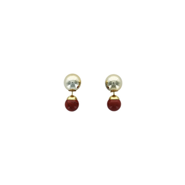 Boucles d'oreilles Jaspe Rouge Boules Réversibles Métal Doré