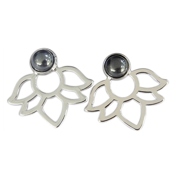 Boucles d'oreilles Hématite Perle et Lotus Métal argenté