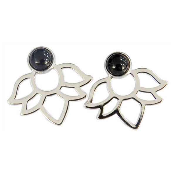 Boucles d'oreilles Onyx Noir Perle et Lotus Métal argenté