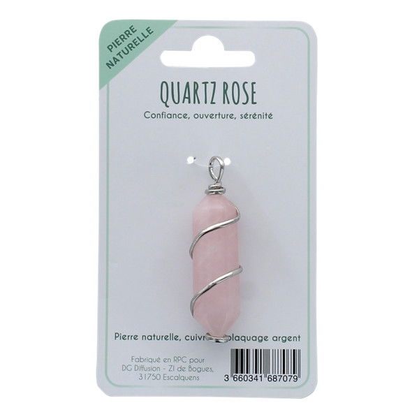 Pendentif en Quartz Rose Pointe Biterminée et Spirale en Métal Argenté