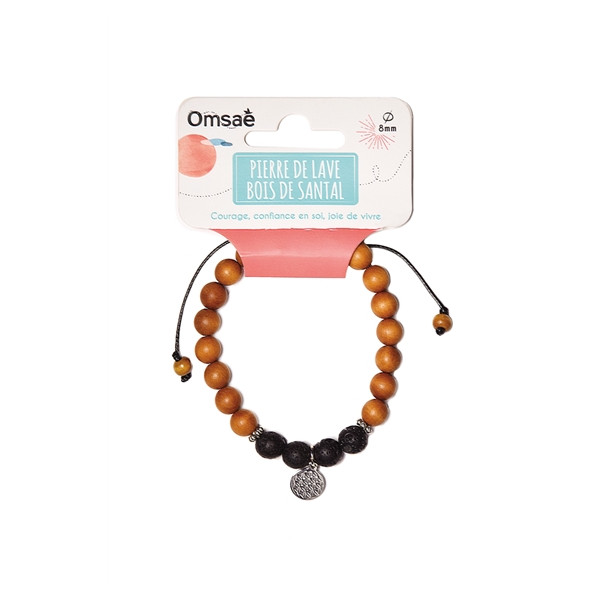 Bracelet Pierre de Lave Bois de Santal Perles rondes 8 mm Fleur de vie