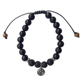 Bracelet Pierre de Lave Bois d'Ebène Perles rondes 8 mm Lune et Etoile