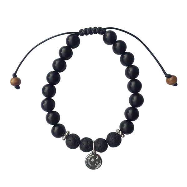 Bracelet Pierre de Lave Bois d'Ebène Perles rondes 8 mm Lune et Etoile