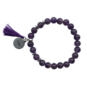 Bracelet Améthyste Perles rondes 8 mm Pompon Breloque Karma