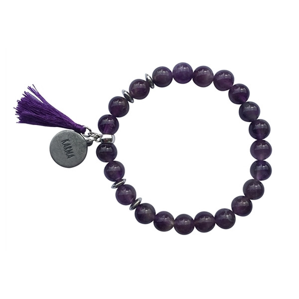 Bracelet Améthyste Perles rondes 8 mm Pompon Breloque Karma