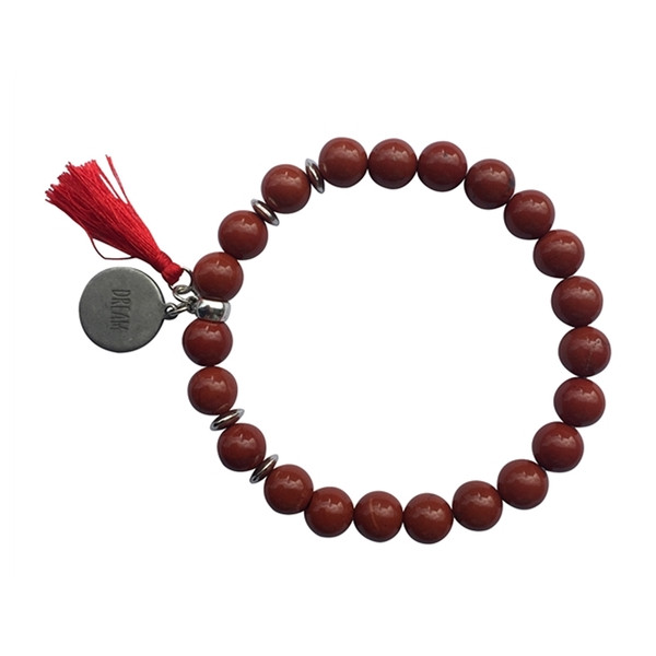 Bracelet Jaspe rouge Perles rondes 8 mm Pompon Breloque Dream