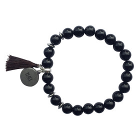 Bracelet Obsidienne Noire Perles rondes 8 mm Pompon Breloque Peace