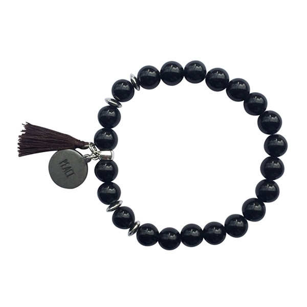 Bracelet Obsidienne Noire Perles rondes 8 mm Pompon Breloque Peace