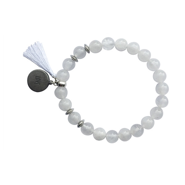 Bracelet Cristal de Roche Perles rondes 8 mm Pompon Breloque Love