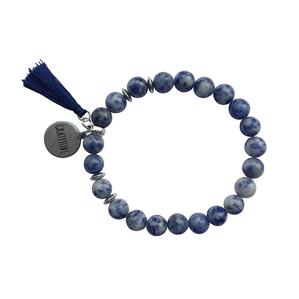 Bracelet Sodalite Perles rondes 8 mm Pompon Breloque Gratitude