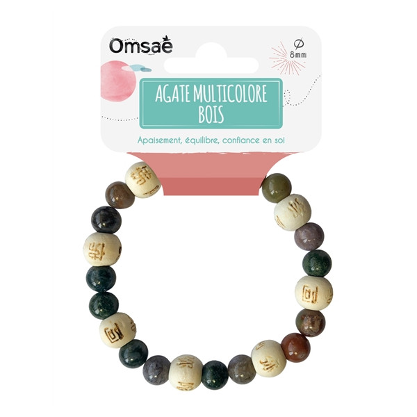 Bracelet Agate Multicolore Perles rondes 8 mm et Perles bois 1 cm