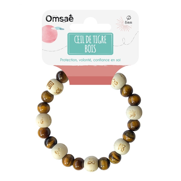 Bracelet Oeil de tigre Perles rondes 8 mm et Perles bois 1 cm