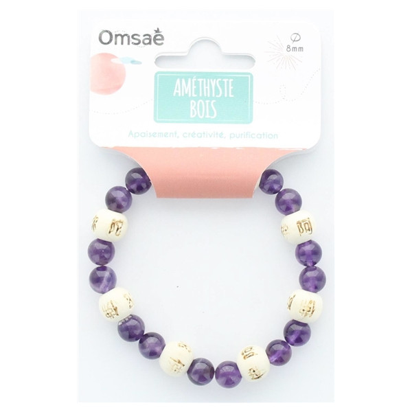 Bracelet Améthyste Perles rondes 8 mm et Perles bois 1 cm