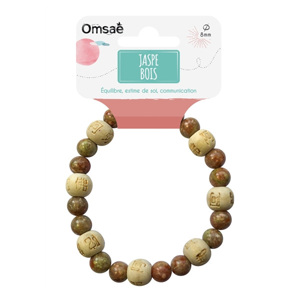 Bracelet Jaspe Perles rondes 8 mm et Perles bois 1 cm
