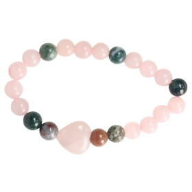 Bracelet Quartz Rose Agate Perles rondes 8 mm Perle coeur 15 mm