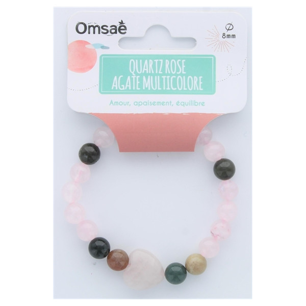 Bracelet Quartz Rose Agate Perles rondes 8 mm Perle coeur 15 mm
