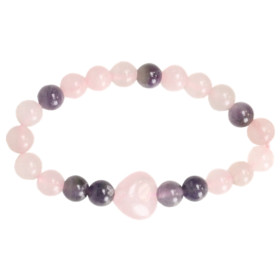 Bracelet Quartz Rose Améthyste Perles rondes 8 mm Perle coeur 15 mm