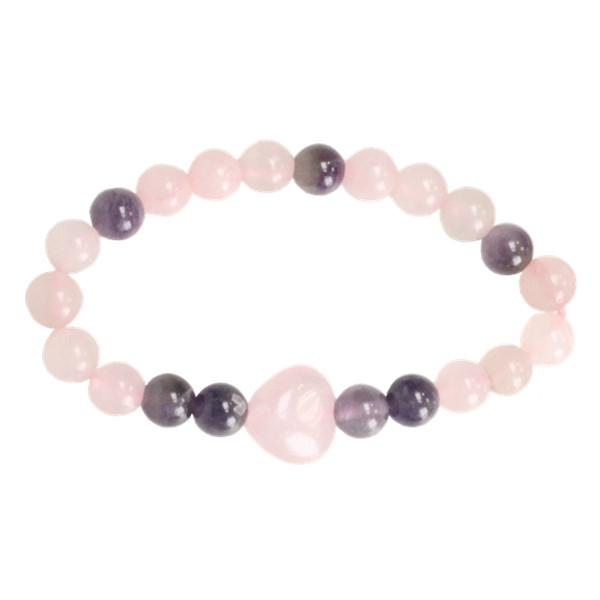 Bracelet Quartz Rose Améthyste Perles rondes 8 mm Perle coeur 15 mm