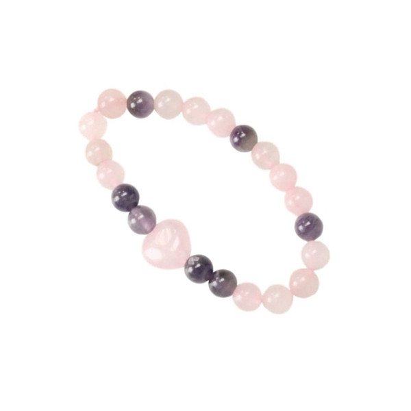 Bracelet Quartz Rose Améthyste Perles rondes 8 mm Perle coeur 15 mm